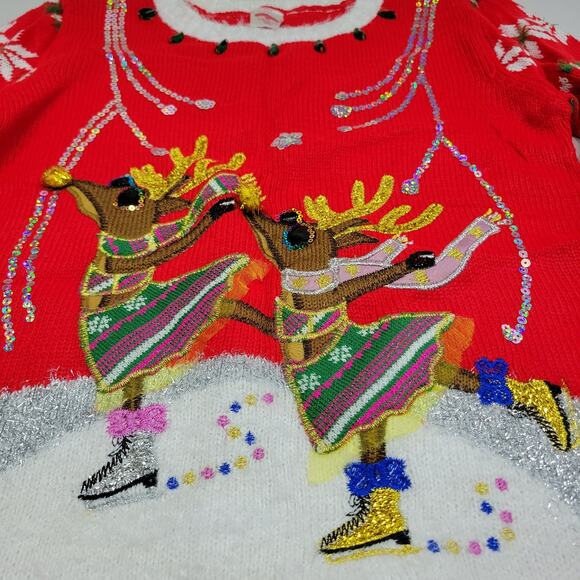 Holiday time 3D Embellished Christmas Sweater Skating Reindeer Girls L (10-12) - Picture 2 of 6